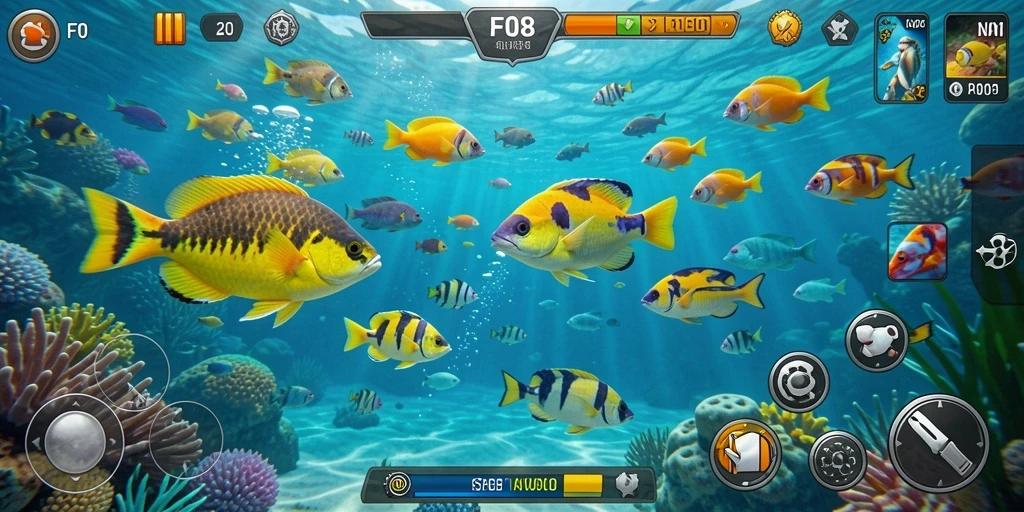 Tampilan gameplay seru saat menembak ikan di F08.
