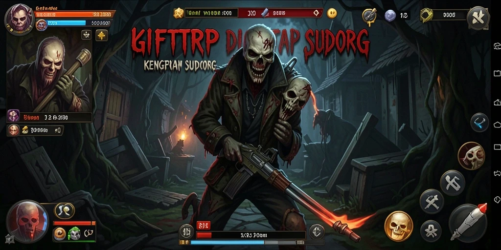 Screenshot utama GIFTRP menampilkan gameplay menegangkan dengan suasana haunted house.