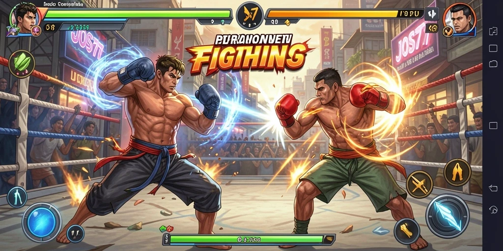 Tampilan gameplay menegangkan saat karakter bertarung di arena.