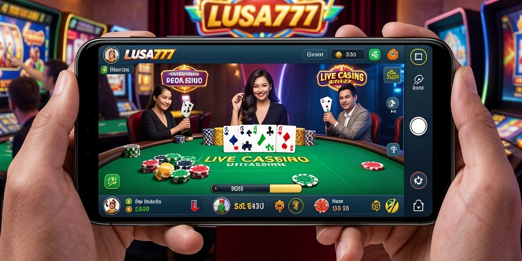 Screenshot gameplay LUSA777 yang memperlihatkan dealer langsung dan suasana kasino.